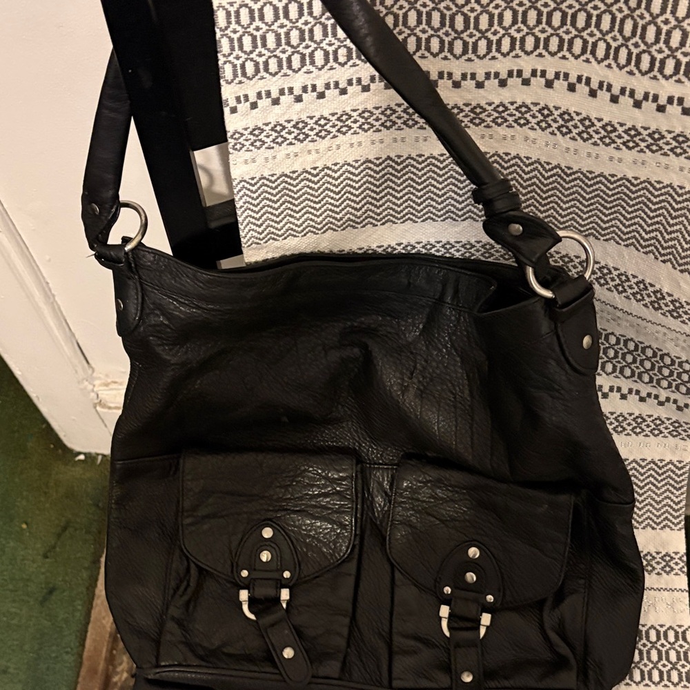 Black Pebbled Leather Shoulder Bag with Front Flap Pockets